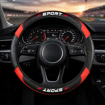 New Style Sports Lettered Car Steering Wheel Cover, Elastic, No Inner Ring, Pu Carbon Fiber Handlebar Cover, Universal for All Seasons, Cross-Border (Steering wheel cover) - red-38cm