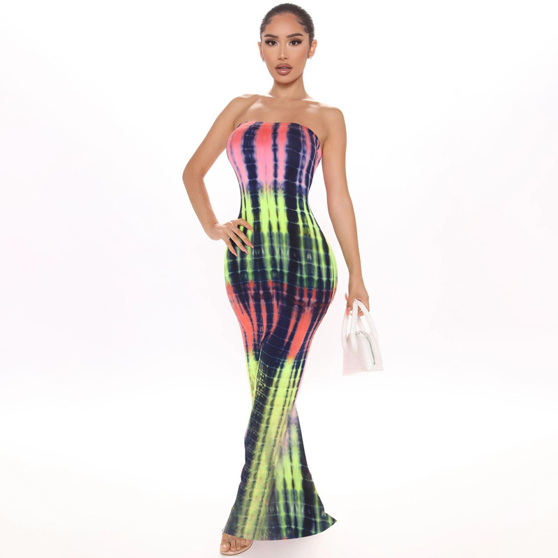 Tie-Dye One Word Neck Strapless Dress NSHTL60033