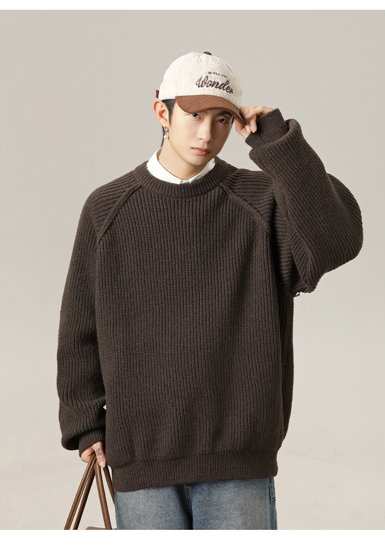 Monochrome 3d Shoulder Texture Men's Round Neck Knitted Sweater_voghion.com