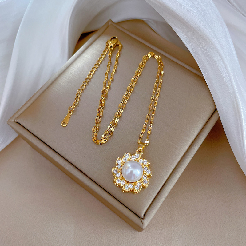 Fashion Flower Stainless Steel Brass Plating Inlay Pearl Zircon Womenu0027S Rings Necklace 1 Piece