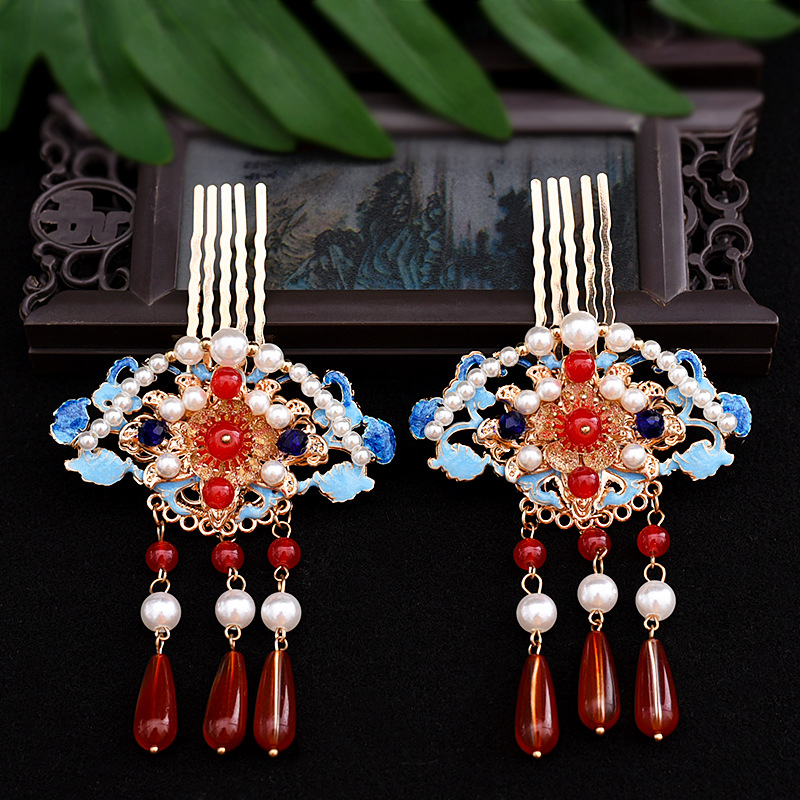Hanfu ancient scenery Thai blue imitation dot emerald Ming bridal headdress covering the hairpin and small hairpin made in the Song Dynasty hair comb headdress