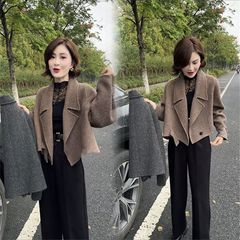 网红秋冬新款双面呢子大衣女韩版小个子短款西装领羊毛呢外套