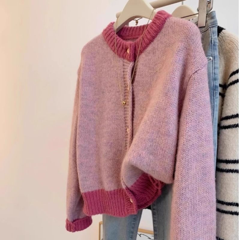 Chanel-Style Pink Short Sweater Cardigan for Women, New Spring and Autumn Lazy Style Petite Knit Cardigan Top Trendy