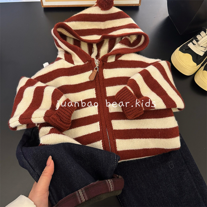 儿童条纹加厚开衫毛衣外套秋冬韩版男女宝宝针织衫洋气连帽衫外套|undefined