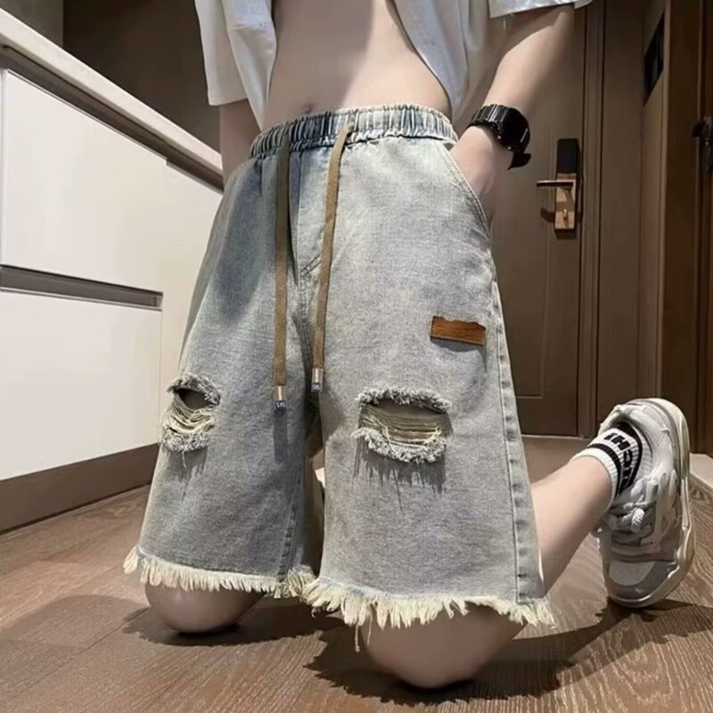 American Style High Street Retro Ripped Denim Shorts Men's Summer Thin Trendy Brand Fashionable and Handsome Pants