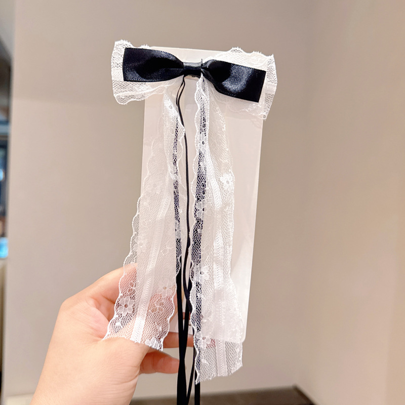 294 [Черный] Заколка для волос с кружевной лентой и бантиком