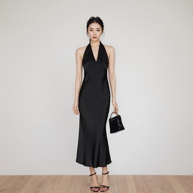 European and American high-end satin V-neck dress women's black French backless sleeveless long vest skirt