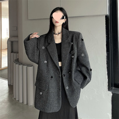 灰色钉珠人字纹西装毛呢外套女冬加棉设计感酷飒风垫肩呢子大衣