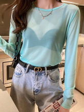 2021春夏新款圆领单层透视冰丝长袖防晒衣内搭糖果色打底衫批发