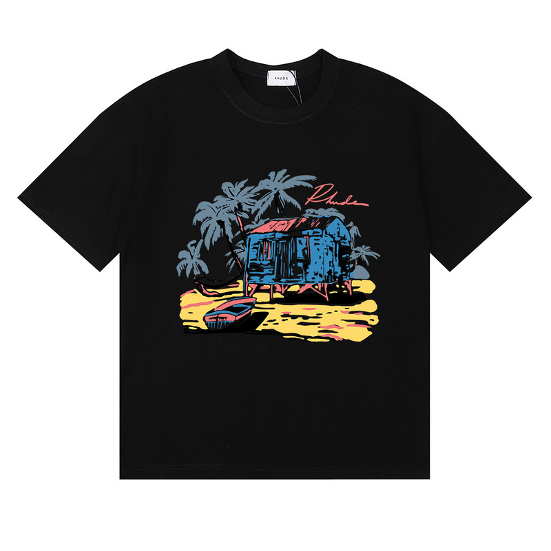 Cross-Border Exclusive Rhude Beach Coconut Tree House Boat Print High-Quality Double Yarn Pure Cotton Men's and Women's Short-Sleeved T-Shirts