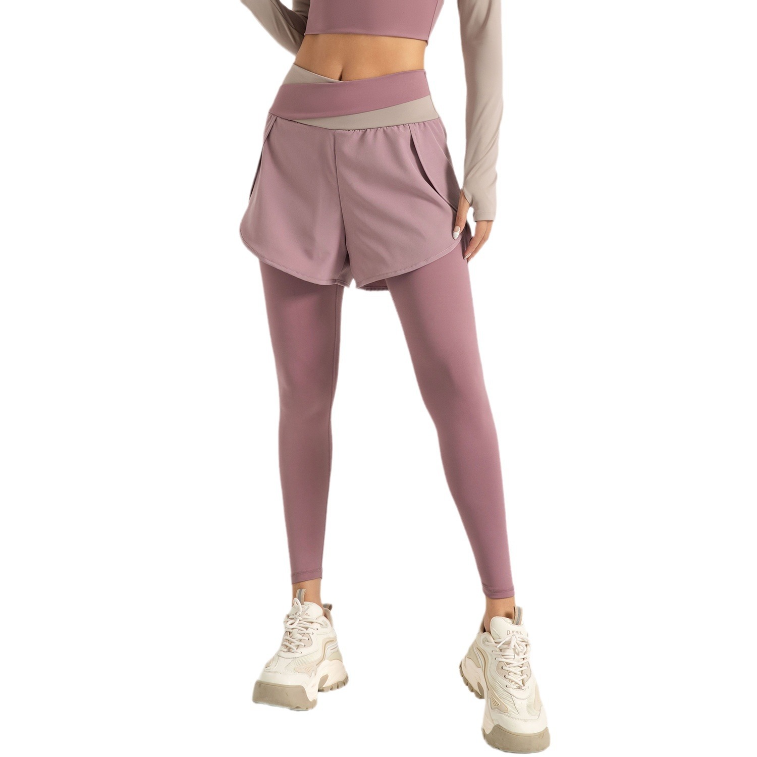 Pantalones de yoga de dos piezas falsos a juego de color en la zona transfronteriza