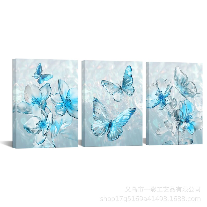 3 Pieces of Framed Blue Floral Wall Art Decoration Butterfly Canvas Wall Art Decoration Fantasy Girl Wall Painting Set