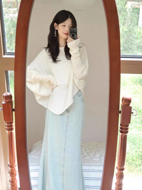 袖不规则白色针织衫女设计感蝙蝠秋季新款温柔松弛感宽松百搭上衣|undefined