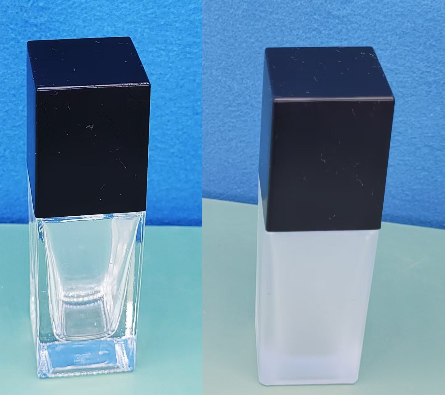 Botella de base líquida de vidrio cuadrado Botella de leche cuadrada transparente glaseada BB Crema de aislamiento Cuatro cuadrados Botella de spray Botella de vidrio