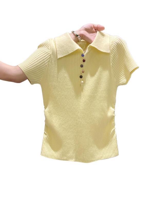 蓝色polo领正肩短袖针织衫女夏季设计感收腰显瘦翻领短款别致上衣|undefined