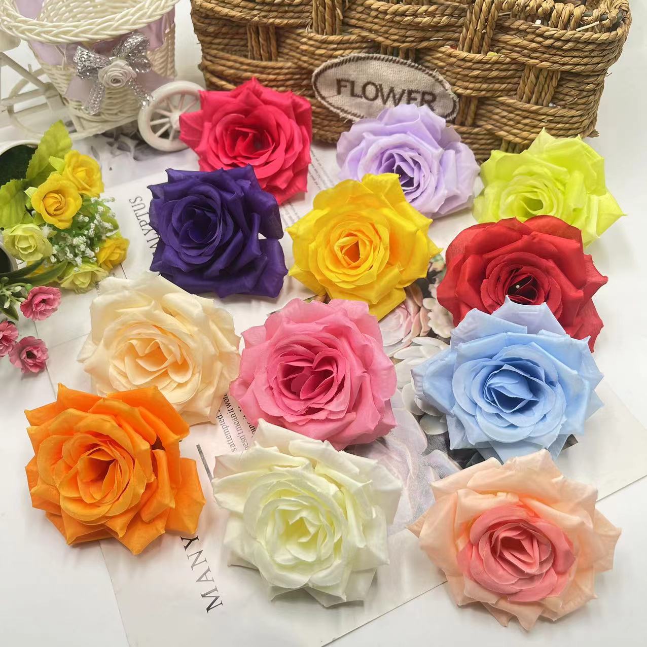 批发10cm钻石玫瑰花头DIY手工仿真假花复古发饰装饰服饰胸花配件