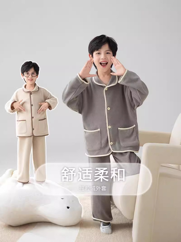 子供用パジャマセット秋冬新作韓国版男の子女の子純色フリース保温厚手ホームウェアセット|undefined