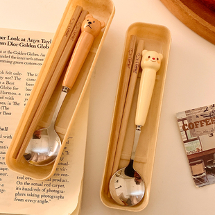 ✅ Cute Butter Bear Chopsticks and Spoon Set Stainless Steel Student Tableware for One Person Portable High Appearance