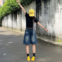 辣妹复古美式五分牛仔短裤女夏季新款宽松设计显瘦直筒5分中裤子