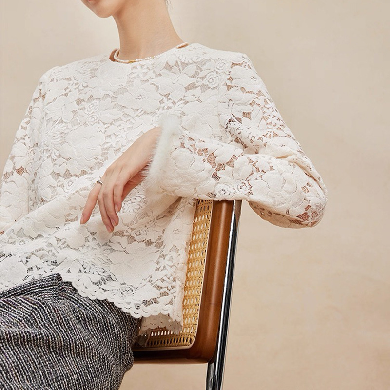 In-Stock Factory Direct Wholesale: Velvet Lace + Mink Fur Splicing, Double-Layer Anti-See-Through, Skin-Friendly, Comfortable, Versatile, Stylish Top