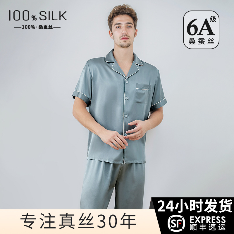 2026 Summer New Silk Pajamas for Men 100% Mulberry Silk Short-Sleeved Long Pants Two-Piece Home Wear Set