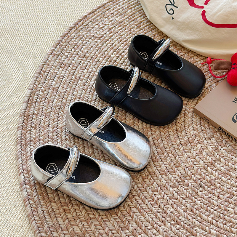 Girls' Small Leather Shoes, Kidsren's Princess Shoes, Black Girls' Silver Shoes, Grandma Shoes, Spring & Fall Mary Jane Ballet Shoes