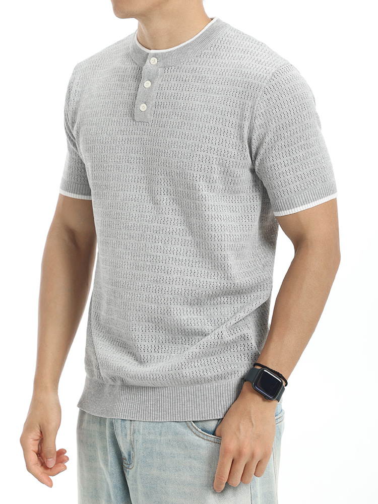 Hombres europeos y americanos huecos Henry cuello camiseta de punto de manga corta verano de negocios casuales transpirables de alto nivel de sensación de blusa versátil