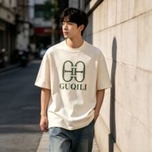 可授权古琦利/GUQILI绿色满纹双G字母短袖T恤重磅棉宽松圆领代发