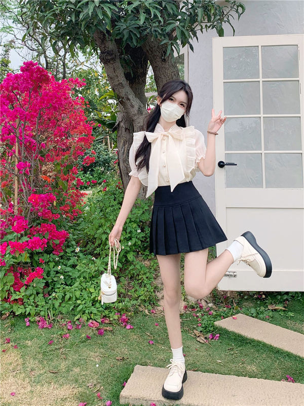 温柔风蝴蝶结荷叶边泡泡袖衬衫女夏季新款洋气百搭显瘦上衣潮|undefined