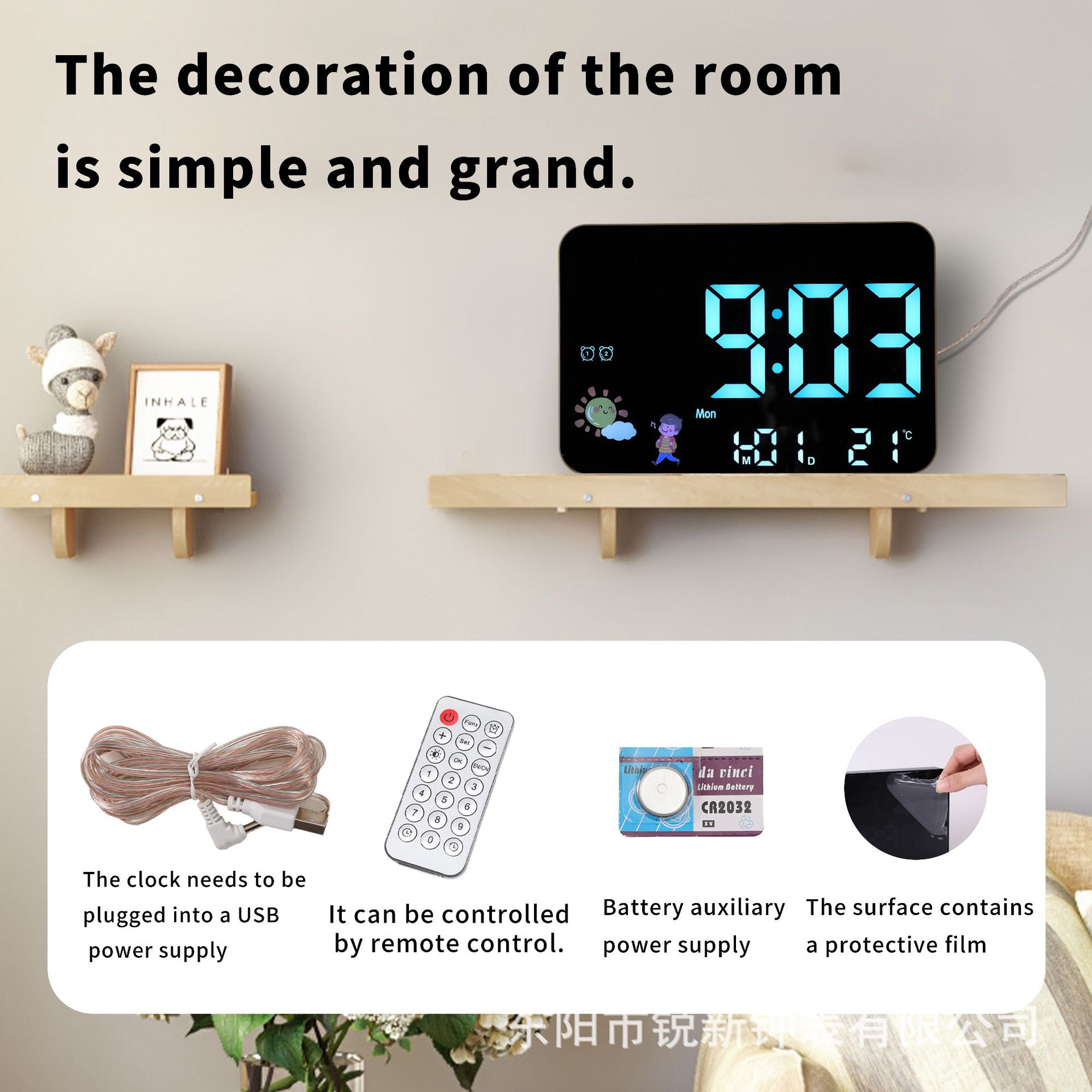 Amazon venta caliente reloj de espejo creativo reloj multifuncional con reloj LED de temperatura simple con pantalla de la semana 2715B