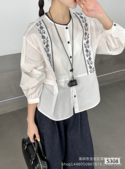 期镌绘制长袖衬衫秋季款时尚圆领百搭小衫女森系清新刺绣上衣5308|undefined