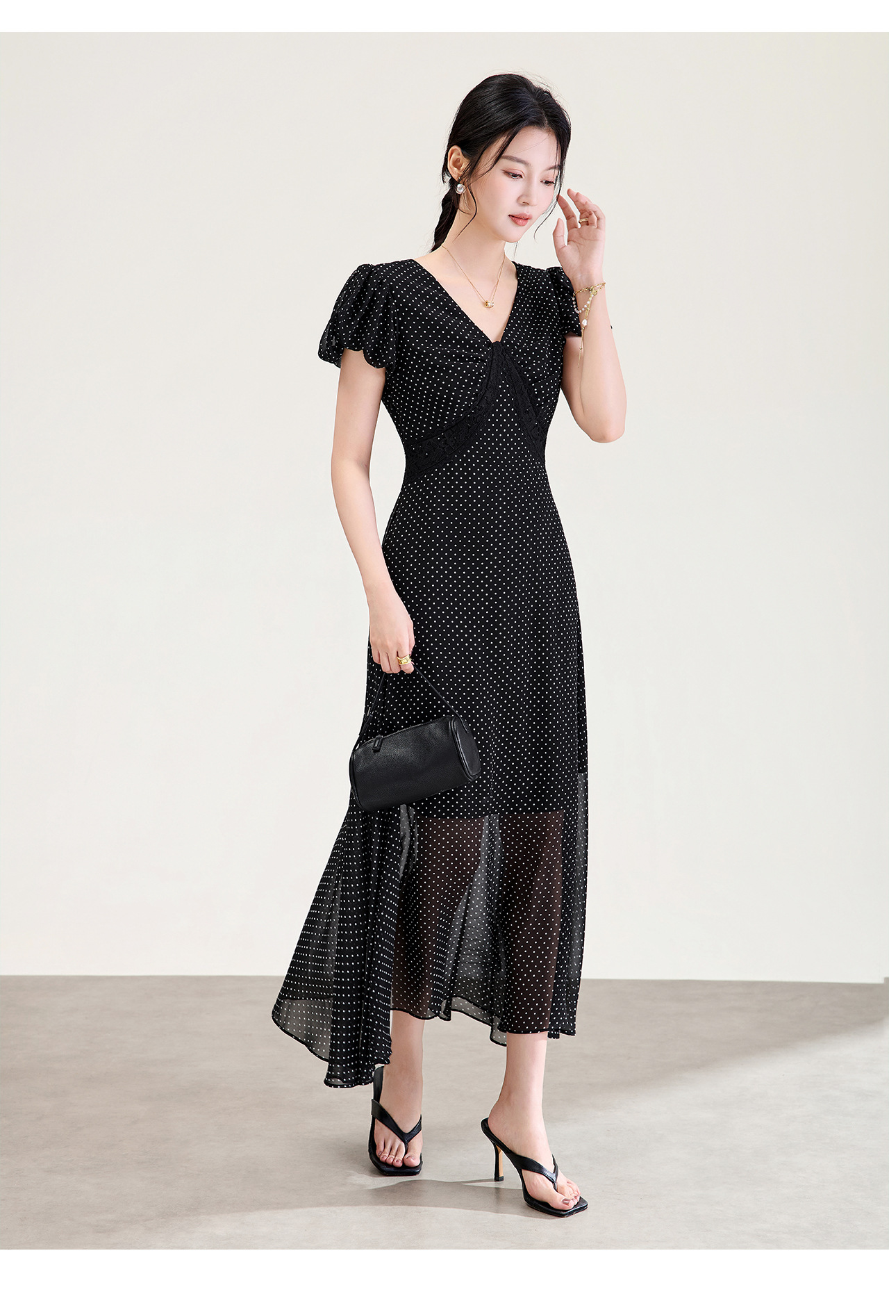 Đầm maxi nữ cổ V ren chấm bi phong cách Pháp thắt eo — màu đen chi tiết 17