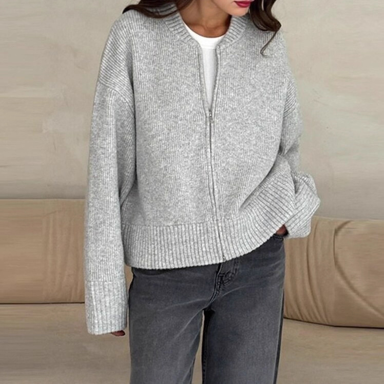 2025 Autumn Cross-Border European and American Round Neck Cardigan Sweater Feminine Commuting Style Zipper Tops Loose and Easiest for Match Top