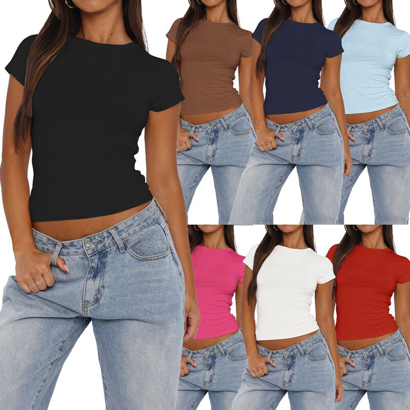 Fashion Women's 2024 Pure Color Simple Basic Versatile Round Neck Short-Sleeved Short Pullover Navel-Baring Casual T-Shirt for Women Fashion Women's 2024 Pure Color Simple Basic Versatile Round Neck Short-Sleeved Short Pullover Navel-Baring Casual T-Shirt for Women
