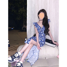Miss AB2023夏季新款法式碎花连衣裙女蓝色收腰开叉长款吊带裙子