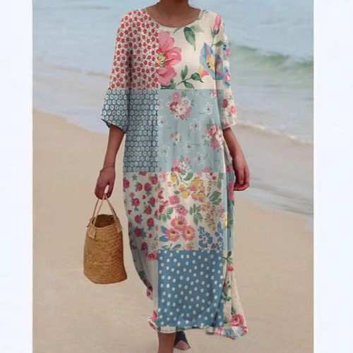 2024 Summer Cross-Border Amazon European and American Women's Casual Fashion Round Neck Long Print Dress for Women