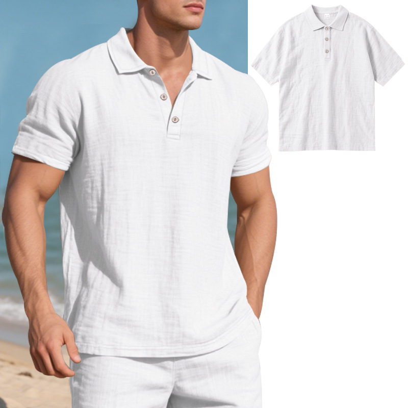 Transfronterizo europeo y americano verano hombres estilo británico tendencia suelta lino transpirable casual solapa hebilla camisa POLO manga corta