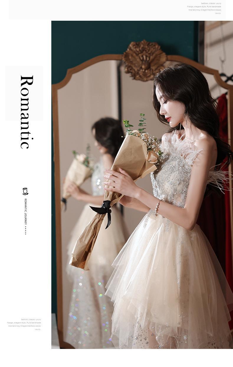 Đầm dạ hội nữ ôm body cổ yếm tay bồng thiết kế cổ tích — Mẫu dài màu sâm panh chi tiết 8
