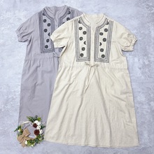 日系棉麻春夏新款宽松显瘦刺绣V领抽绳连衣裙文艺甜美短袖套头裙