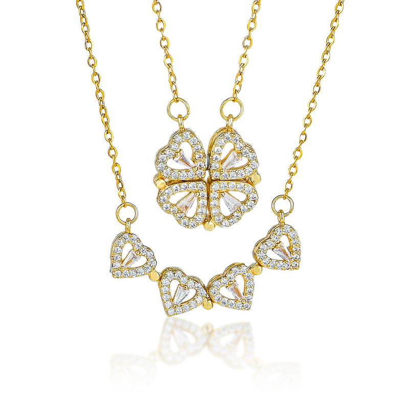 Necklace for Women, Cross-Border Ins Elegant Four-Leaf Flower Necklace, Niche Design, Fashionable Full Diamond Jewelry, Stacked Titanium Steel Necklace