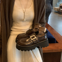 羊皮葡萄妈同款学院风懒人一脚蹬松糕厚底金扣英伦乐福鞋女小皮鞋