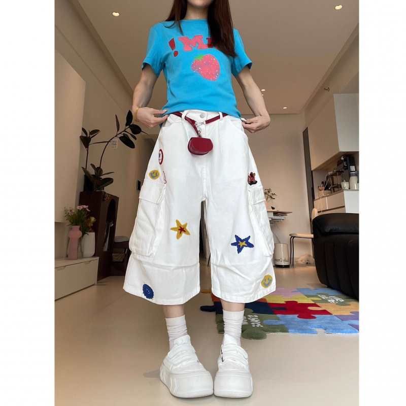 Star Embroidery Workwear White Cropped Pants for Women, New Summer Style American-Style Multi-Pocket Shorts, Loose Wide-Leg Mid-Length Pants