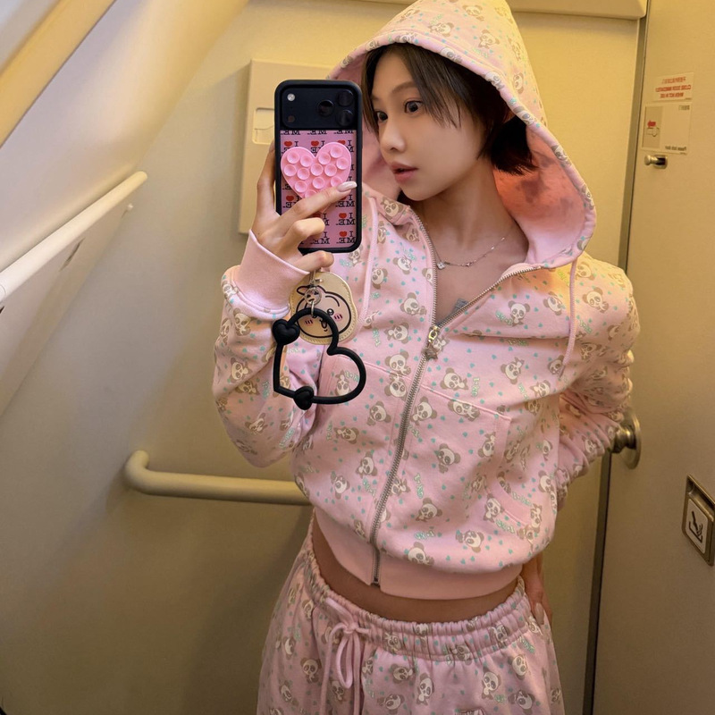 In stock 26 spring-summer new panda face mask hooded sweatshirt jacket and sweatpants cute print set for women