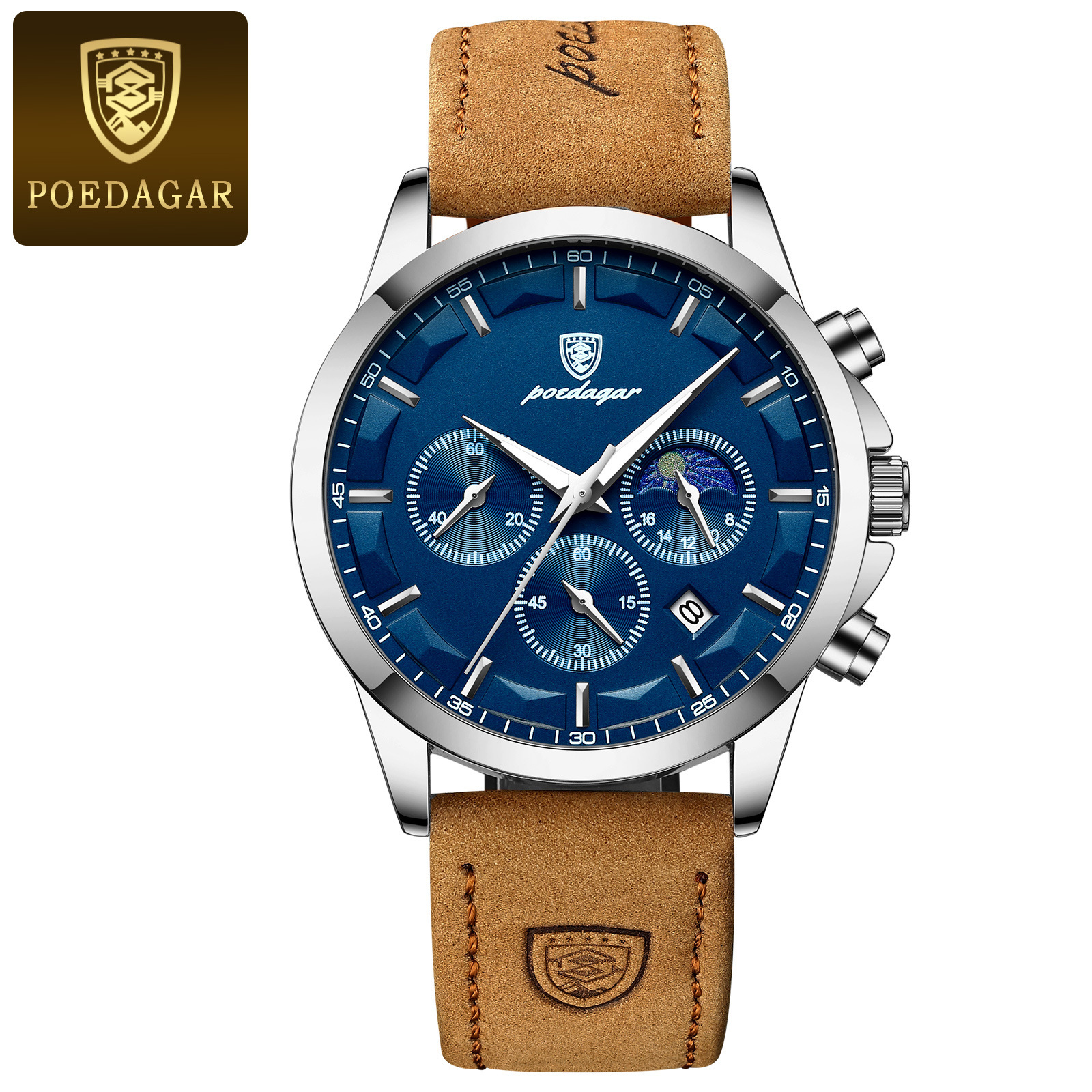 POEDAGAR multifuncional nuevo reloj de hombre moda seis agujas cronógrafo reloj de pulsera de cuarzo correa relojes casuales P928 image 9