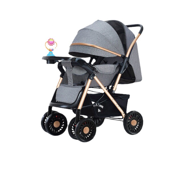 Folding children's stroller on four wheels with umbrella