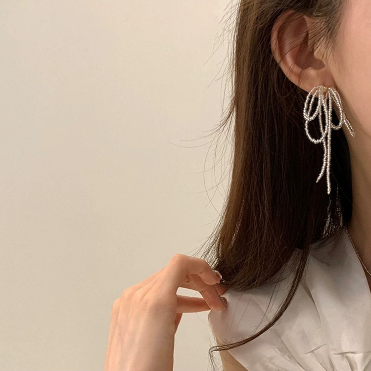 Super Fairy Crystal Bow Tassel Earrings Women's Korean Niche Design Personality All-match Elegant Fashion Earrings Earrings