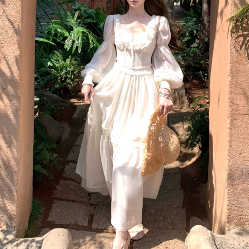 2025 New Autum Style Mist Island Vanilla Heavy-Duty Custom-Dyed Lace Long-Sleeved Fairy Lace-Up Dress Waist Long Skirt 2025 New Autum Style Mist Island Vanilla Heavy-Duty Custom-Dyed Lace Long-Sleeved Fairy Lace-Up Dress Waist Long Skirt