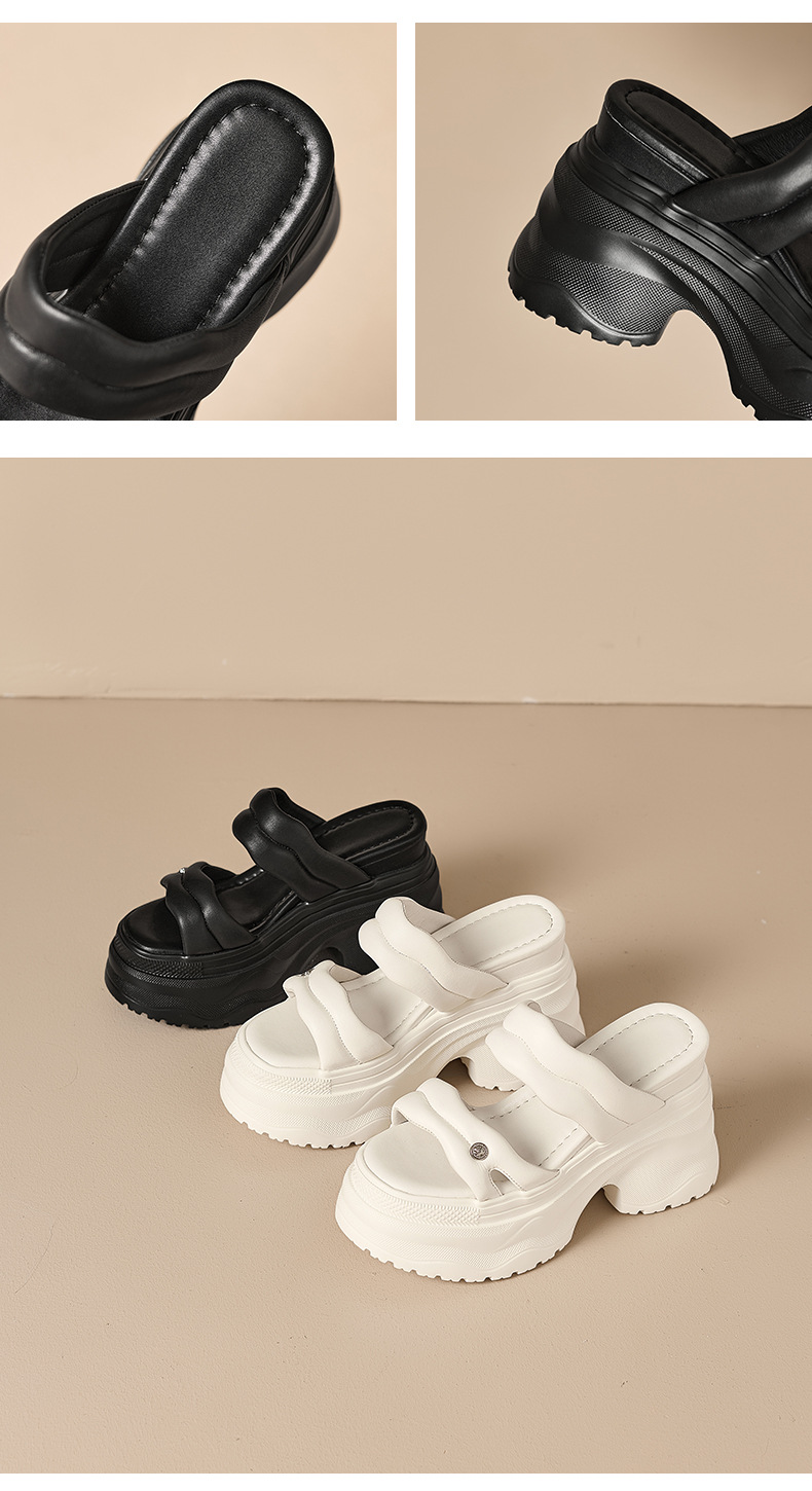 Sandal cao gót nữ đế dày 12cm quai ngang da thật phong cách thể thao — Trắng kem-Da bò, Đen-Da cừu chi tiết 11