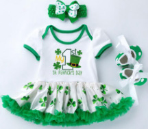 Comercio exterior ropa para bebés ropa para niños San Patricio ropa de fiesta para bebés de manga corta con estampado de mampara y vestidos de fiesta
