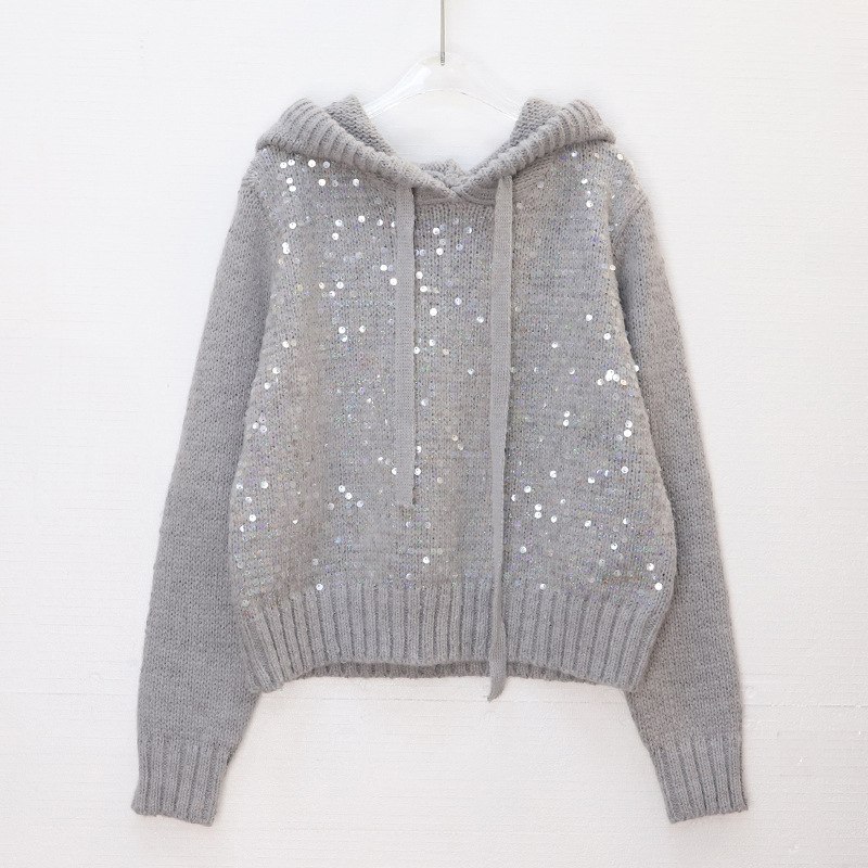 Women's Clothing light luxury sequined hooded sweater autumn and winter high end temperament versatile warm long sleeved knitted sweater women's trend_voghion.com
